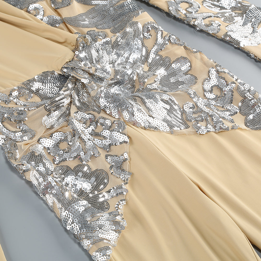 Langarm-Jumpsuit mit Pailletten in Sandsilber