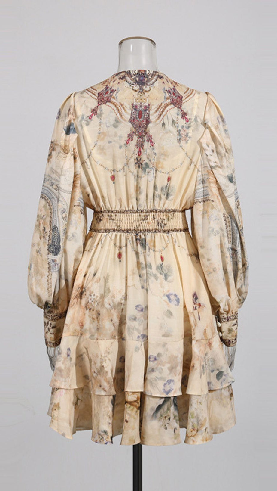 IVANO CHIC FLORAL PRINT V-NECK MINI DRESS WITH PEARL EMBELLISHMENTS & LONG SLEEVES