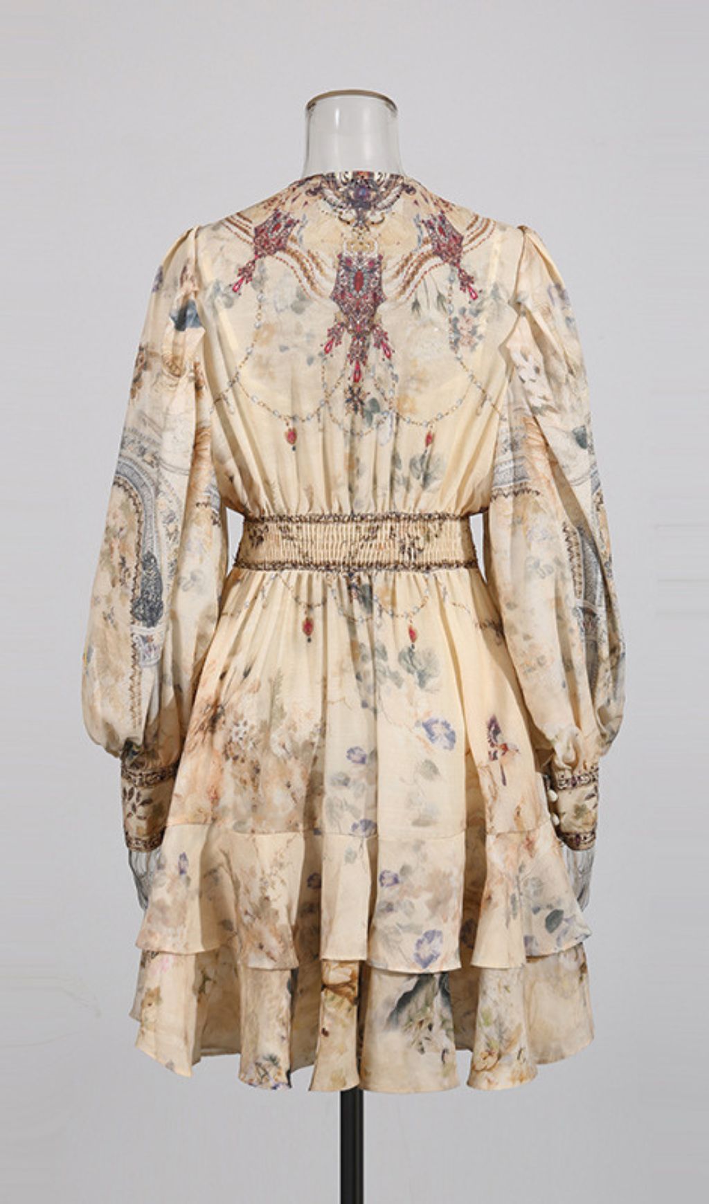 IVANO CHIC FLORAL PRINT V-NECK MINI DRESS WITH PEARL EMBELLISHMENTS & LONG SLEEVES