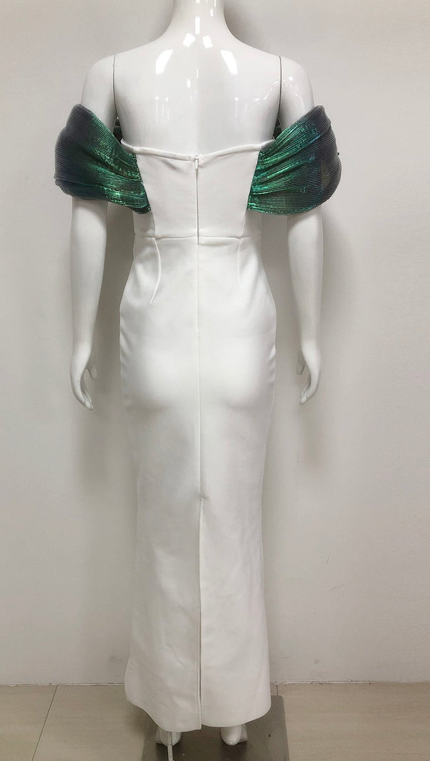 AIIZIE OFF-SHOULDER PEARL EMBELLISHED BODYCON MAXI DRESS IN GREEN - product image