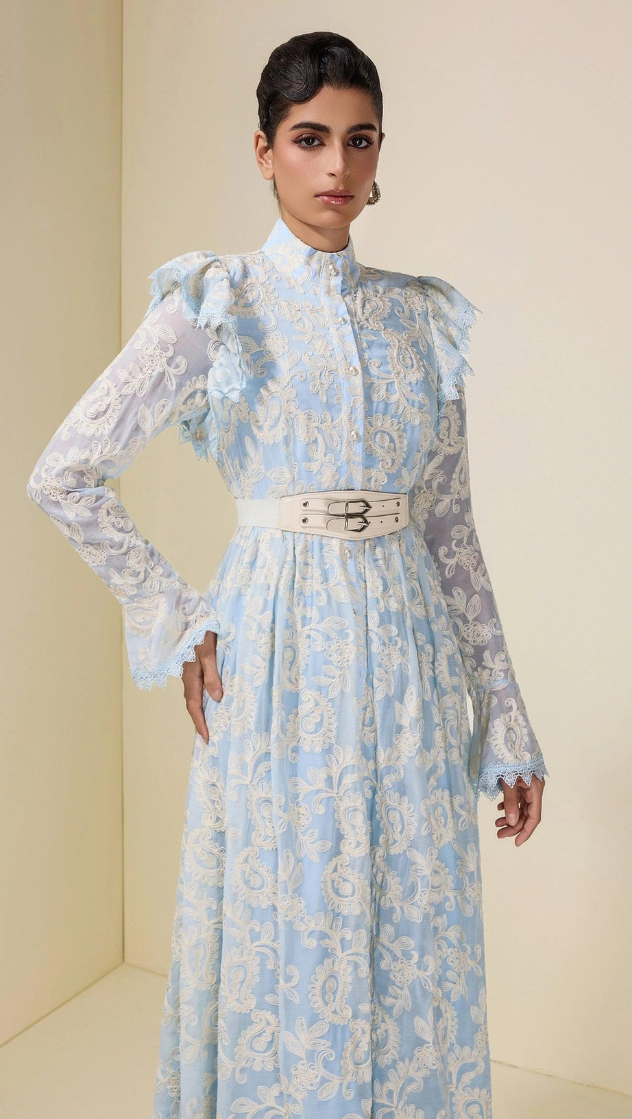 alma Chiffon Embroidered Single Breasted Midi Dress With Belt - blue
