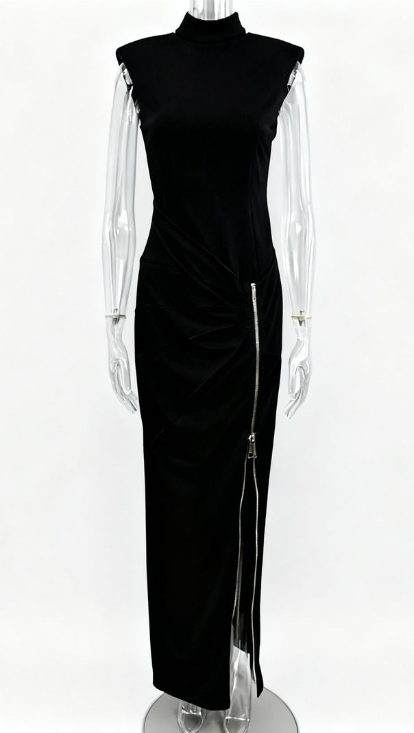 AIIZIE Jendayi Black Zipper Slit Maxi Dress - Edgy Elegance for Women - product image