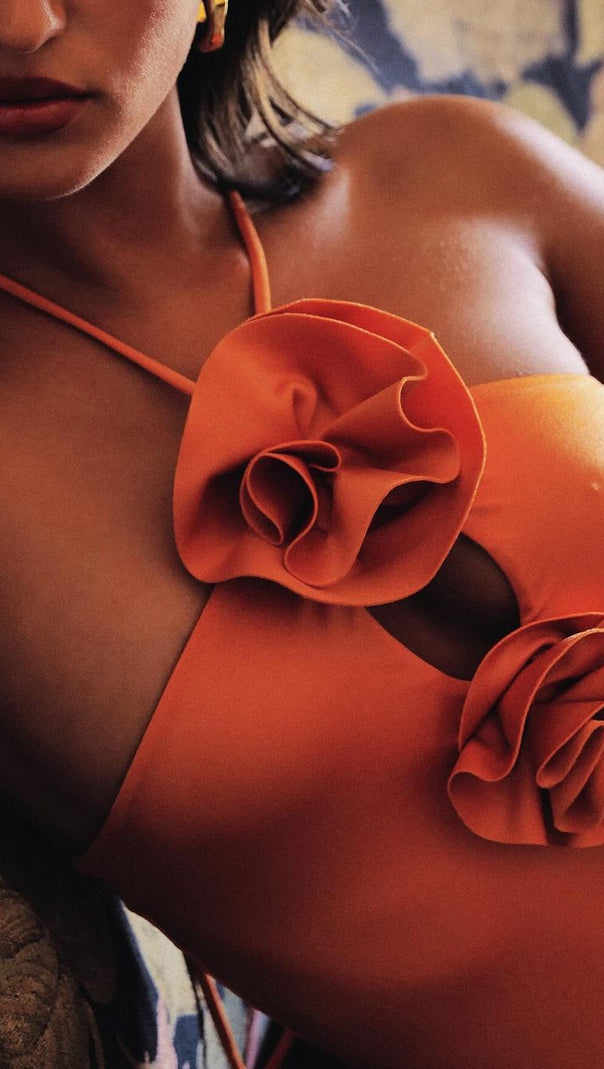 AIIZIE VERNA ORANGE 3D FLOWER DETAILED CUTOUT MAXI DRESS - product image
