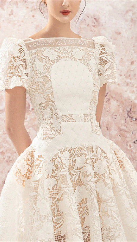 ROSE SLEEVE LACE HOLLOW MINI DRESS IN WHITE