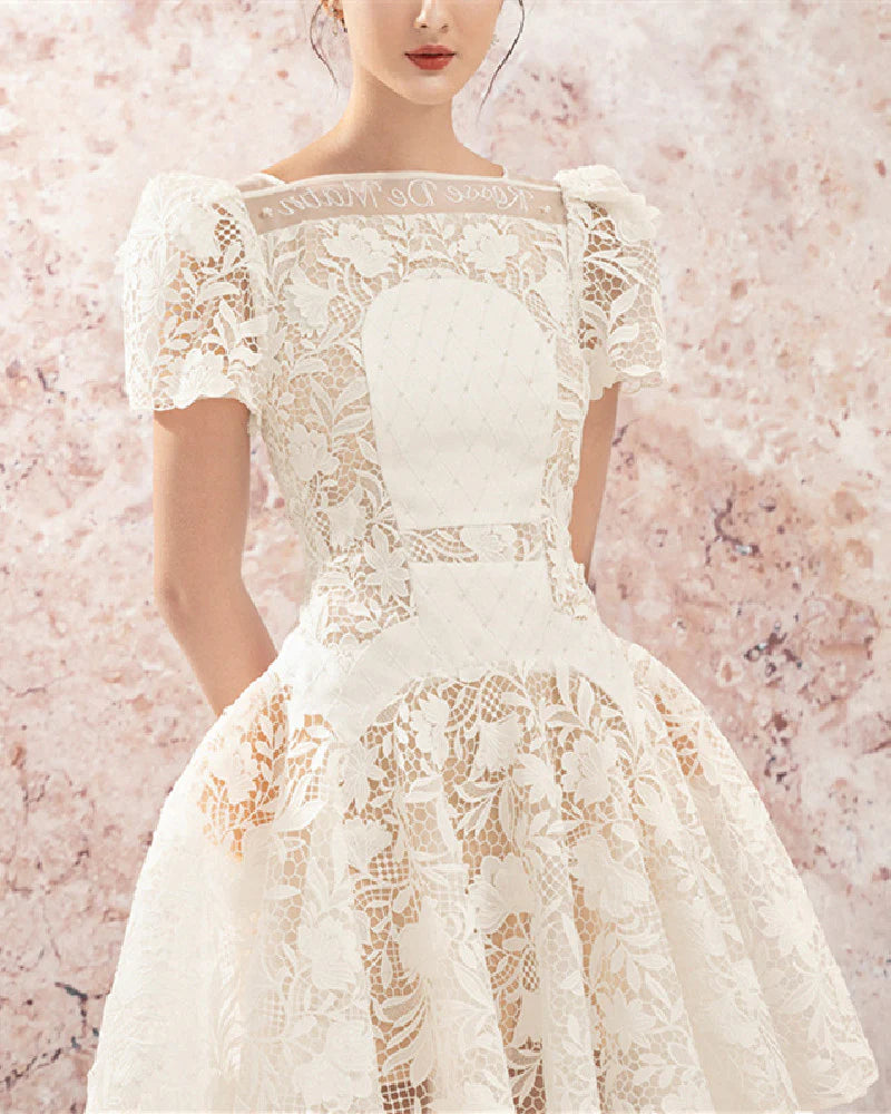 AIIZIE ROSE SLEEVE LACE HOLLOW MINI DRESS IN WHITE - product image