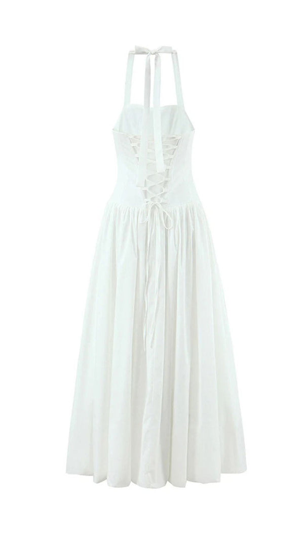 AIIZIE Judas Halter Maxi Dress: Elegant Blush Pink Gown with High Slit & Sculptural Volume - product image