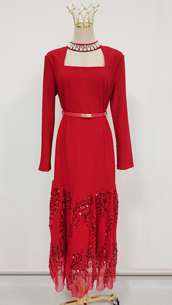 AIIZIE Ioana Glamorous Red Sequin Long Sleeve Maxi Dress - Elegant Square Neck Evening Gown - product image