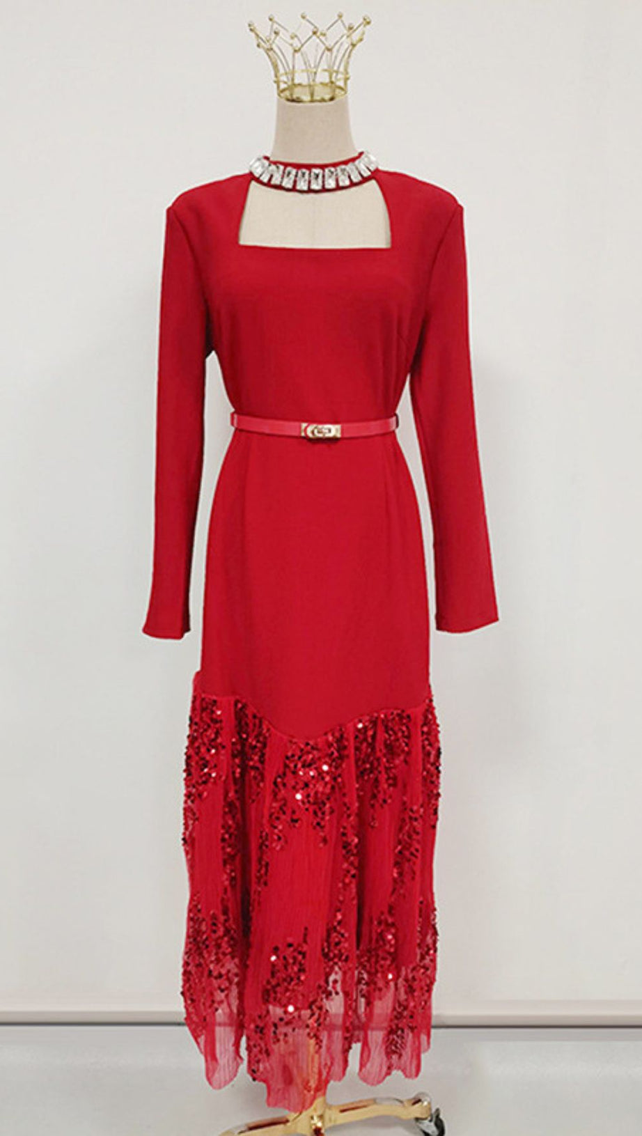 Ioana Glamorous Red Sequin Long Sleeve Maxi Dress - Elegant Square Neck Evening Gown