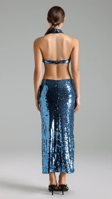 SHARON SEQUIN HALTER MAXI DRESS IN CERULEAN BLUE