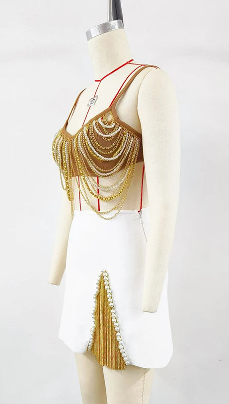 MIRIAM KHAKI METAL PEARL CHAIN TASSEL MINI SKIRT SET