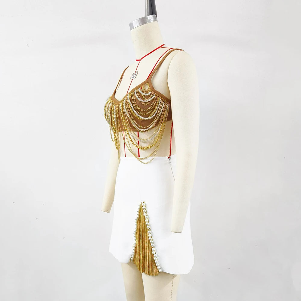 AIIZIE MIRIAM KHAKI METAL PEARL CHAIN TASSEL MINI SKIRT SET - product image