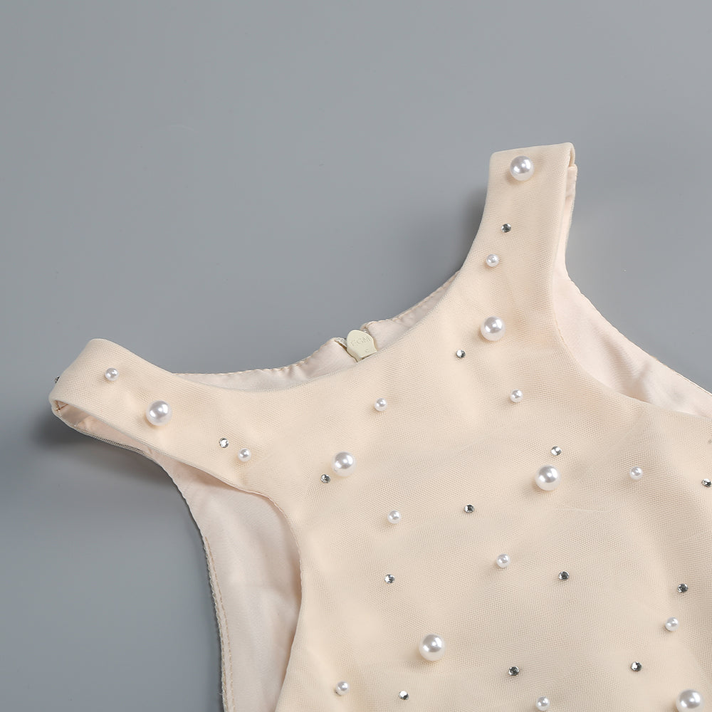 OFF-SHOULDER WAISTED PEARL EMBELLISHED FISHTAIL DRESS