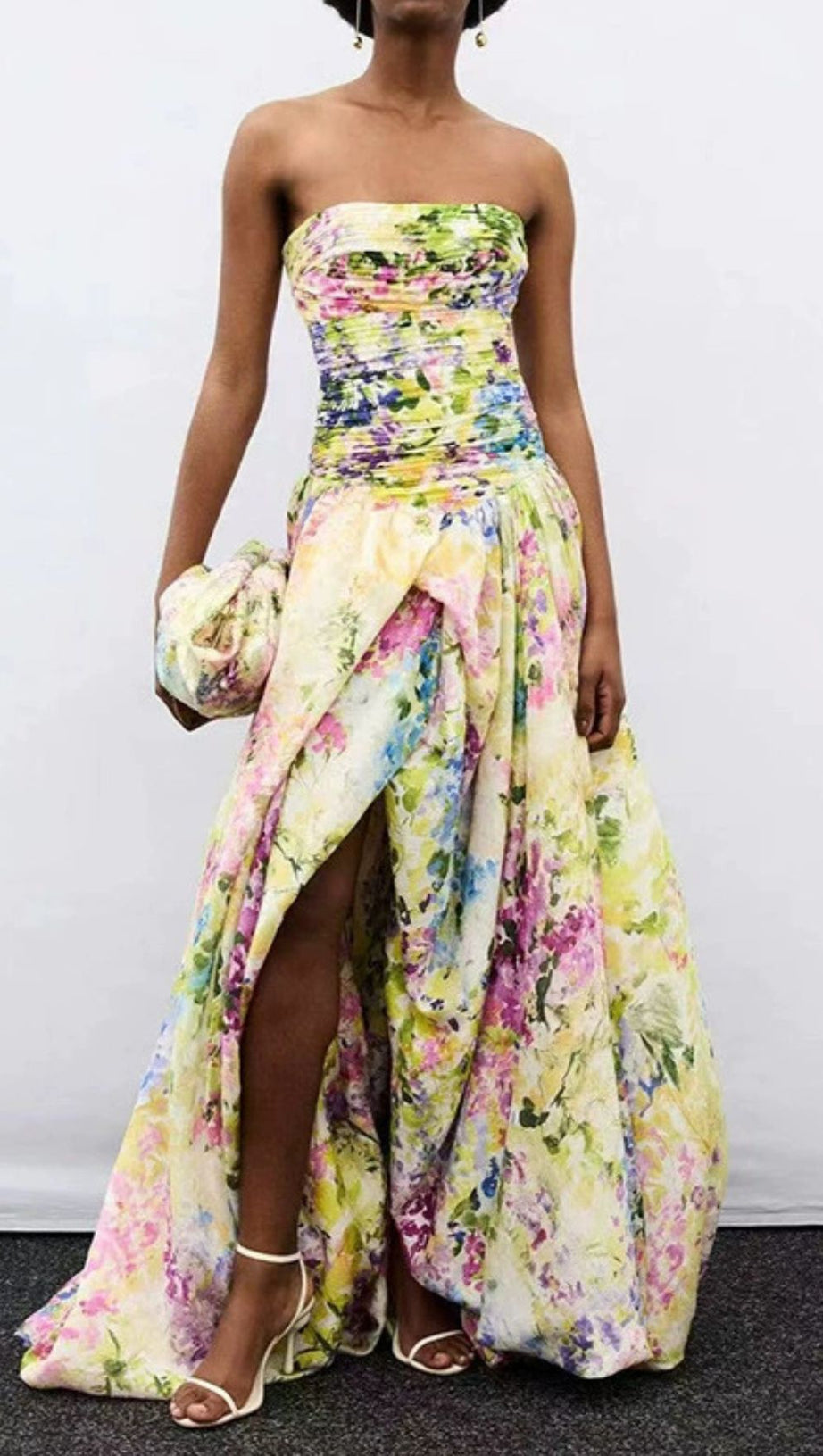 HESTIA STRAPLESS BLUE FLORAL MAXI DRESS - ELEGANT GARDEN PRINT