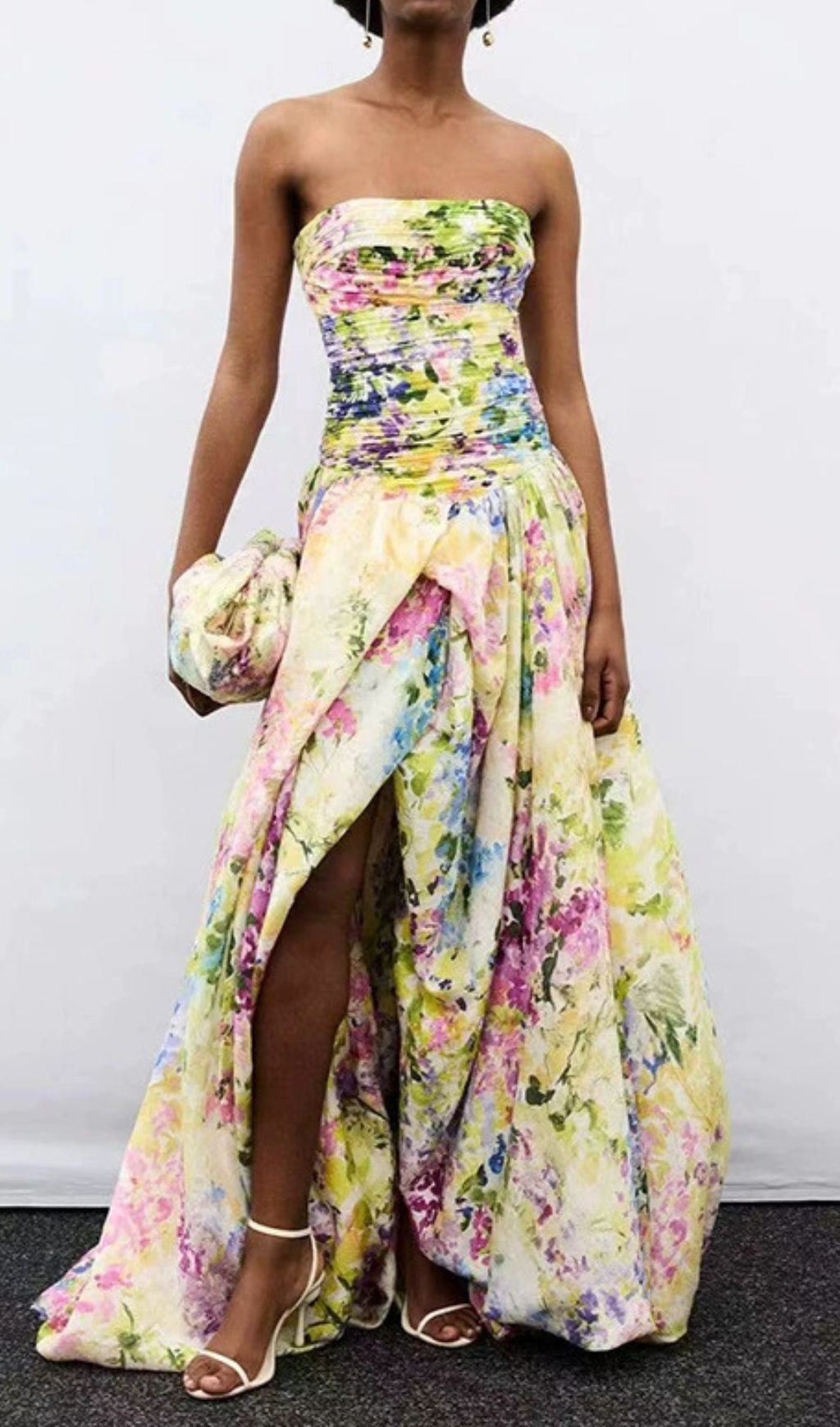 HESTIA STRAPLESS BLUE FLORAL MAXI DRESS - ELEGANT GARDEN PRINT