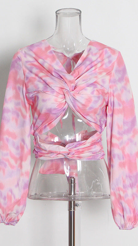 CHIC TIE-DYE TWISTED CUTOUT LONG SLEEVE CROP TOP FOR WOMEN