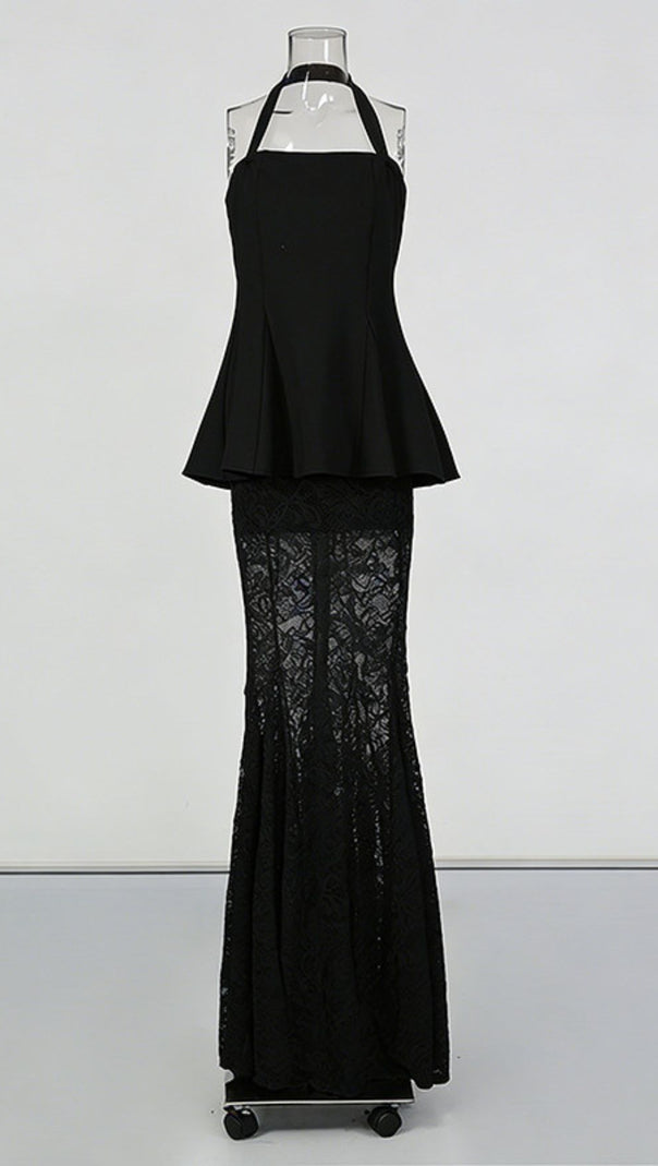 AIIZIE Janiah Elegant Halter Peplum Top & Bronze Lace Maxi Skirt Set - product image