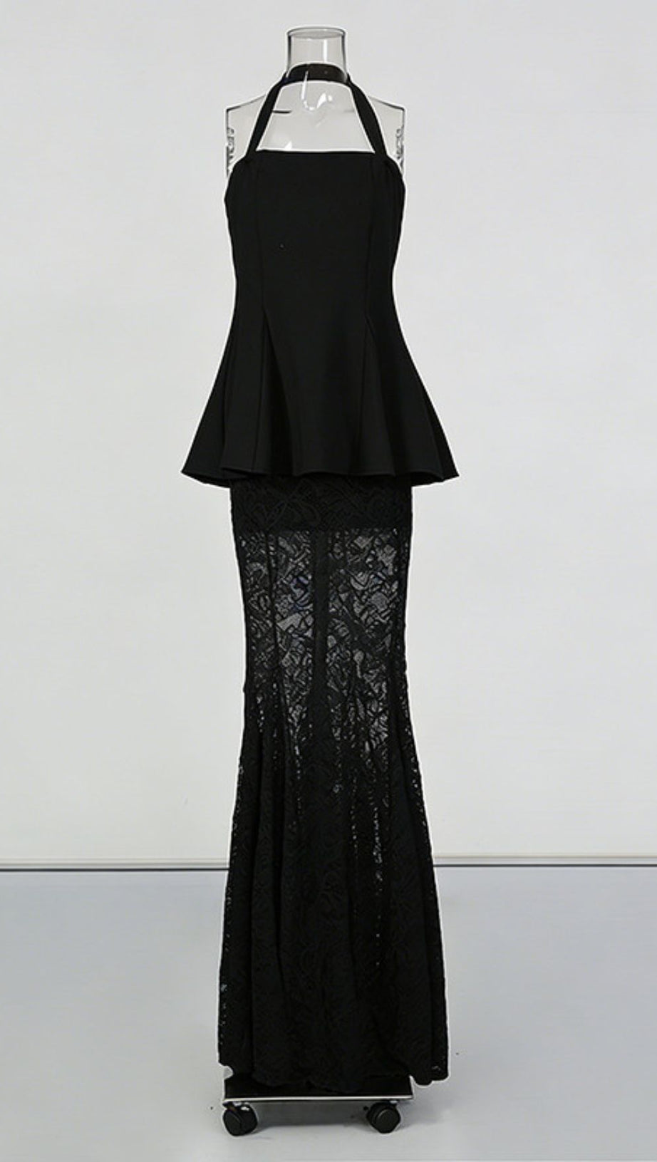 Janiah Elegant Halter Peplum Top & Bronze Lace Maxi Skirt Set