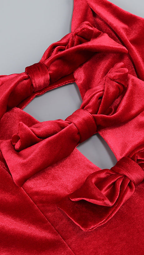 HILDA BOW-EMBELLISHED VELVET GOWN IN RED