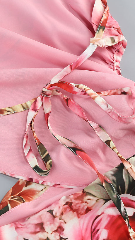 Rosa bedrucktes Midikleid mit offenem Rückenschlitz und ausgehöhlter Vorderseite