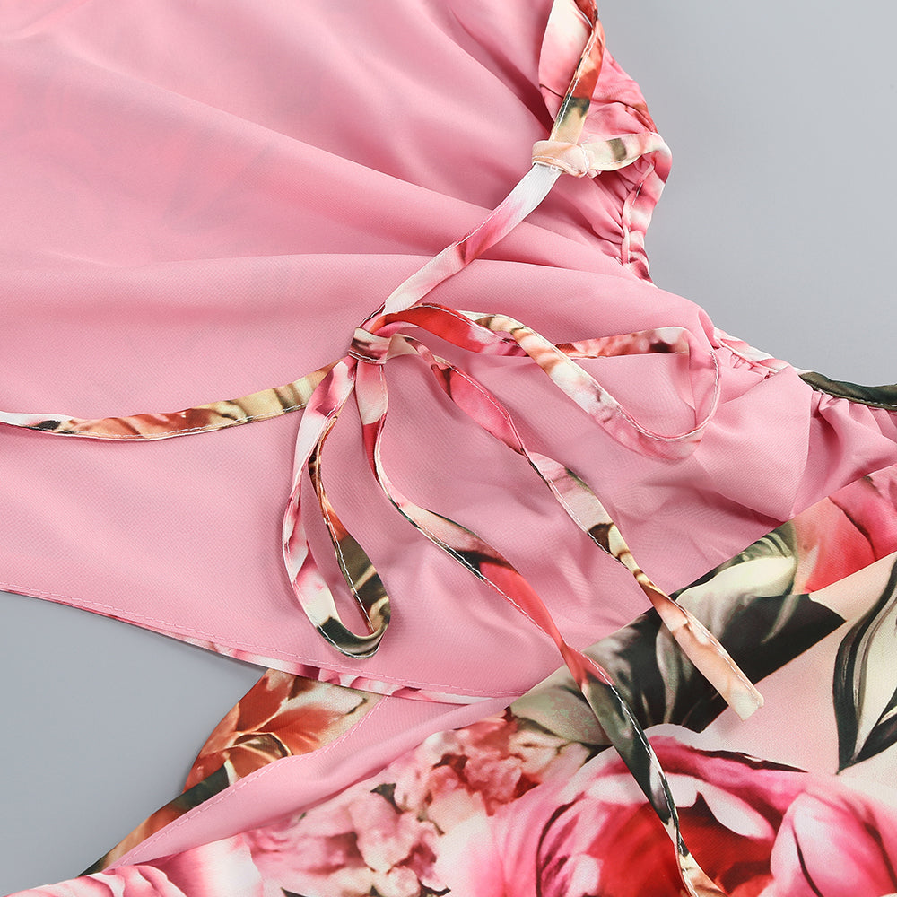 Rosa bedrucktes Midikleid mit offenem Rückenschlitz und ausgehöhlter Vorderseite