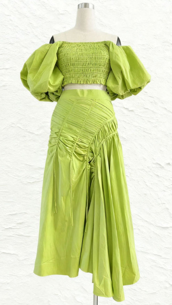 AIIZIE Vibrant Lime Green Puff Sleeve Crop Top & Ruched Maxi Skirt Set | Ivo Two-Piece - product image