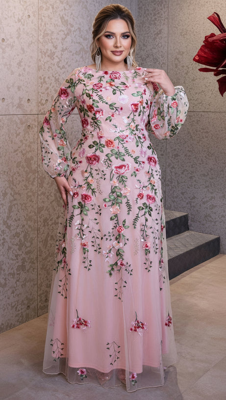 HELIA ENCHANTING FLORAL EMBROIDERED PLUS SIZE MAXI DRESS | ELEGANT LONG SLEEVE GOWN