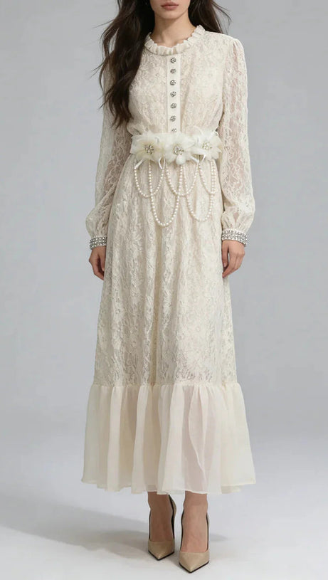 deborah 3D floral tulle lace maxi dress in white