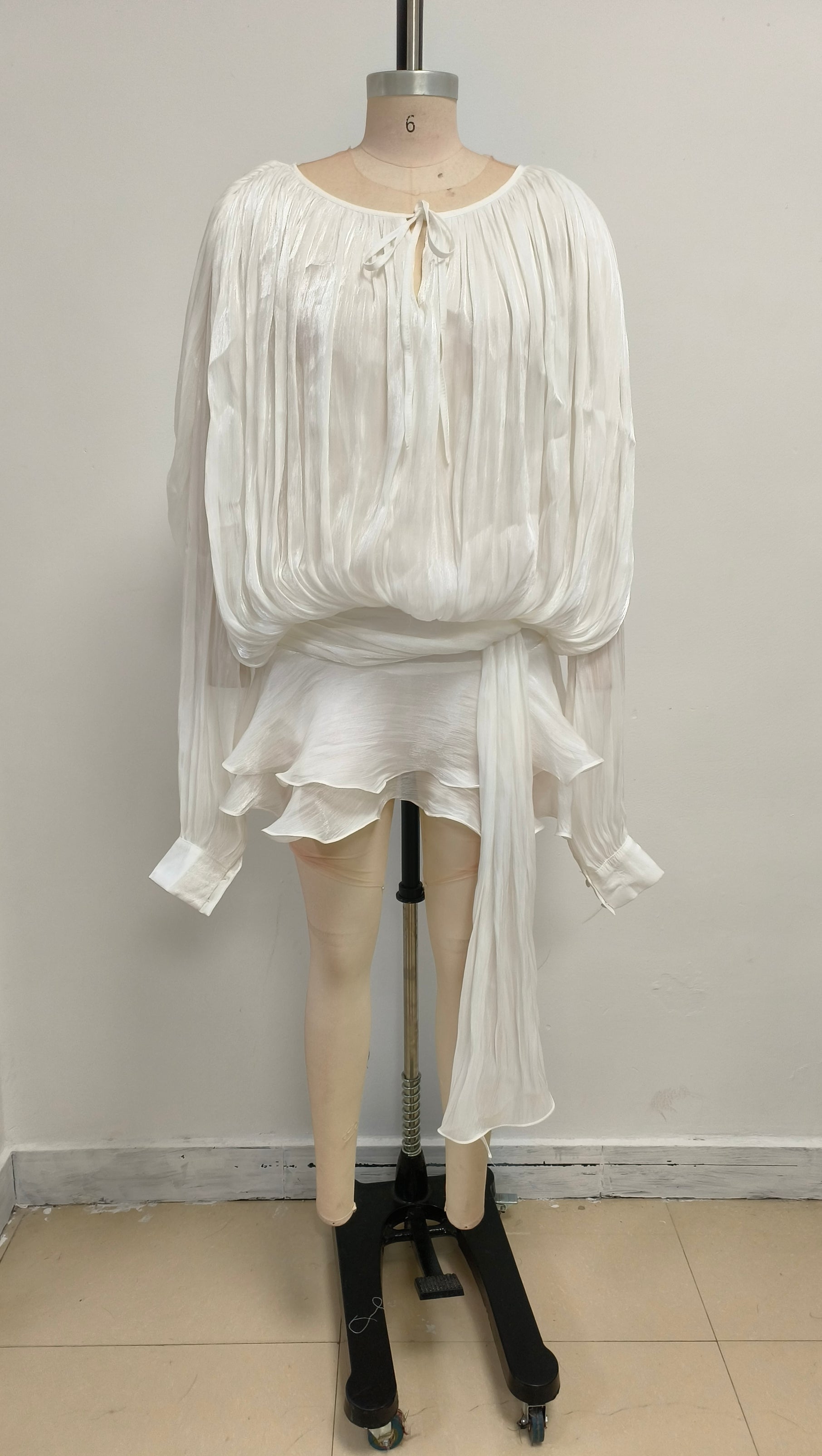 AIIZIE WHITE LONG SLEEVE TIE MINI DRESS - product image