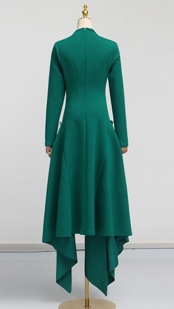 AIIZIE Johnna Emerald Green Asymmetrical Midi Dress - Long Sleeve Sophistication - product image