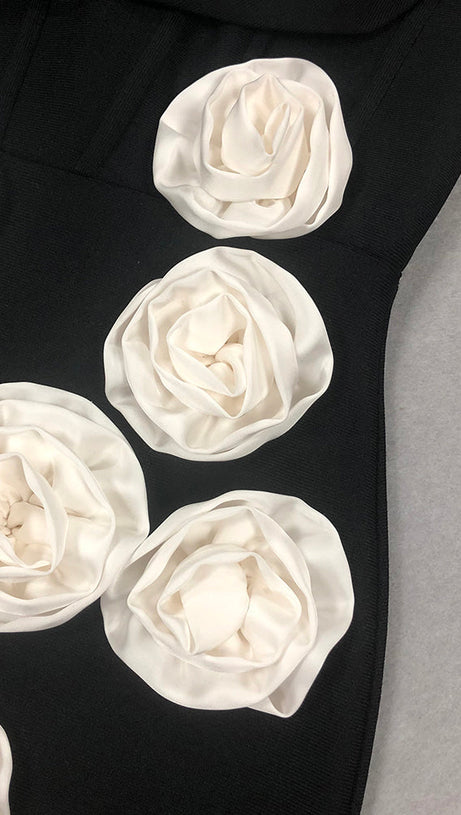 STRAPLESS FLORAL CORSET MAXI DRESS IN BLACK