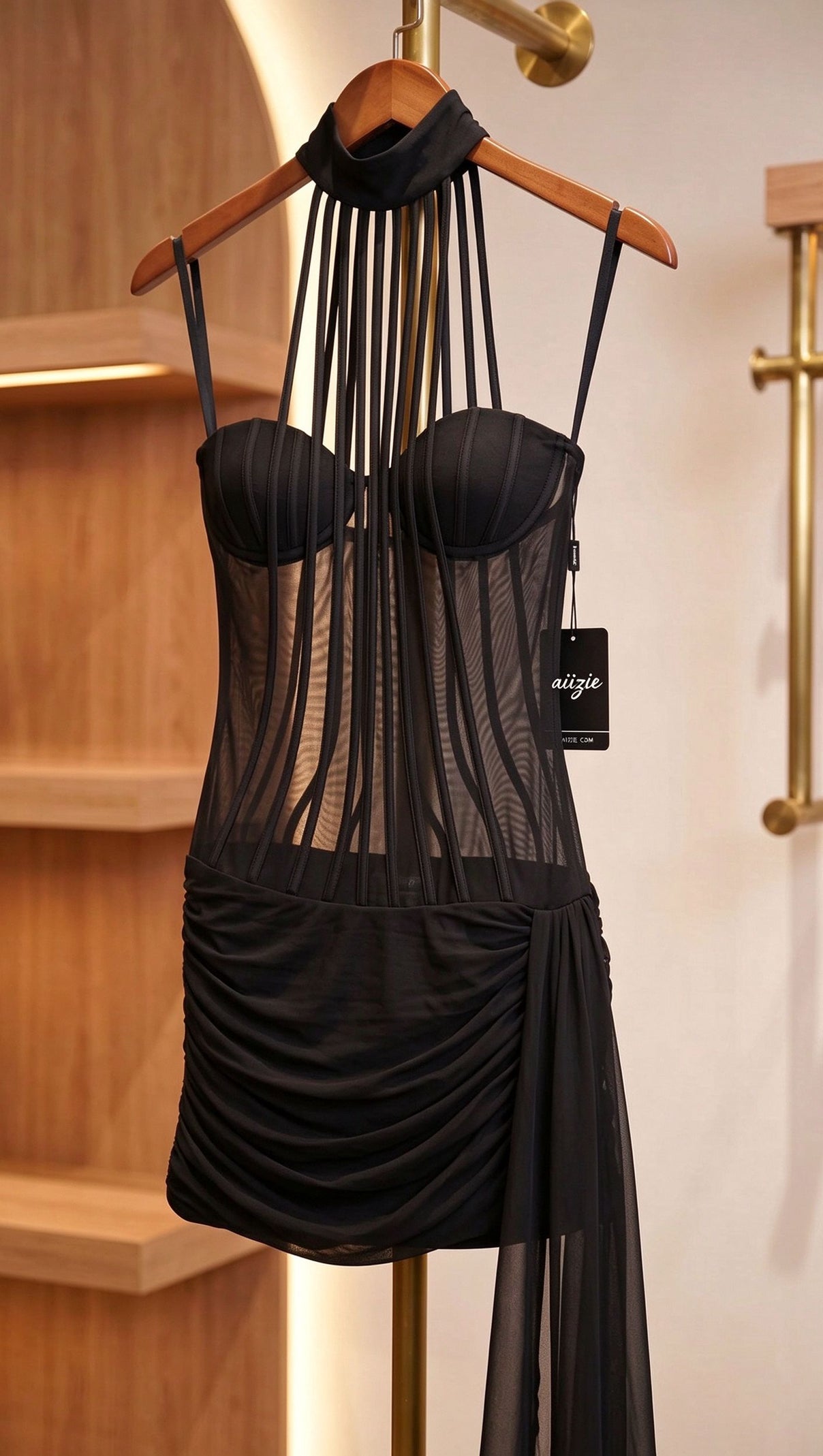 Black Sheer Mesh and Stretch Jersey Bodycon Mini Dress with Asymmetrical Side Train