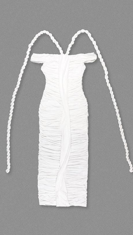 CARA WHITE OFF-SHOULDER RUCHED BODYCON MAXI DRESS WITH ROPE EMBELLISHED
