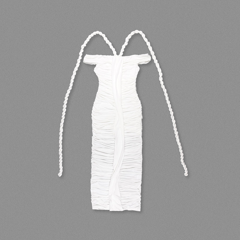 AIIZIE CARA WHITE OFF-SHOULDER RUCHED BODYCON MAXI DRESS WITH ROPE EMBELLISHED - product image