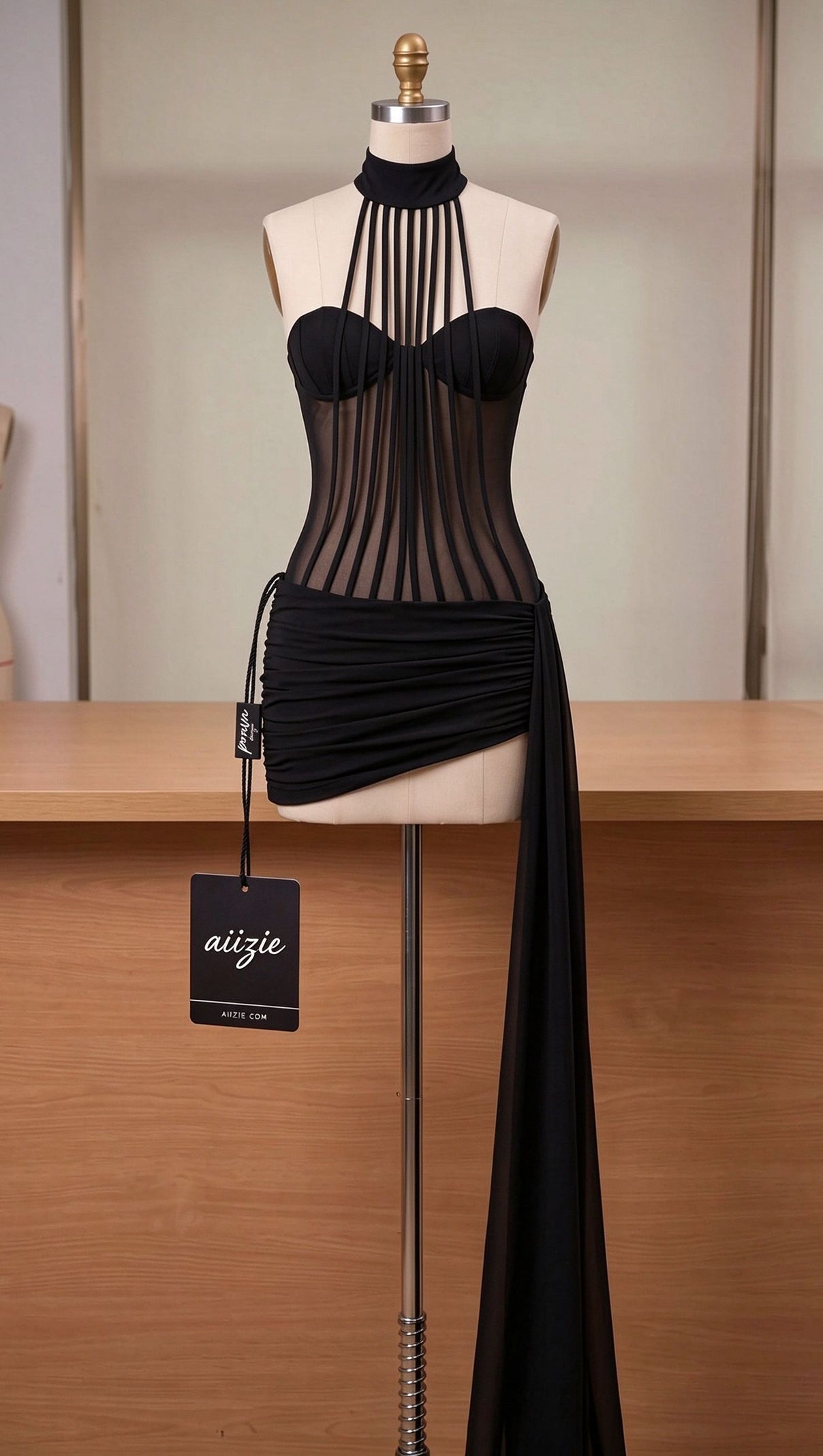 Black Sheer Mesh and Stretch Jersey Bodycon Mini Dress with Asymmetrical Side Train