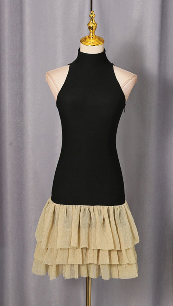 AIIZIE Jacarra Chic Black Halter Turtleneck Ruffle Tiered Mini Dress - product image