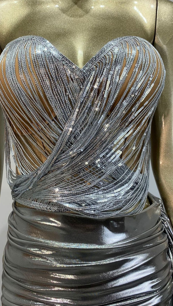 AIIZIE HAYLIA SILVER SPARKLE STRAPLESS CORSET & SEQUIN MINI SKIRT SET | GLAMOROUS PARTY WEAR - product image