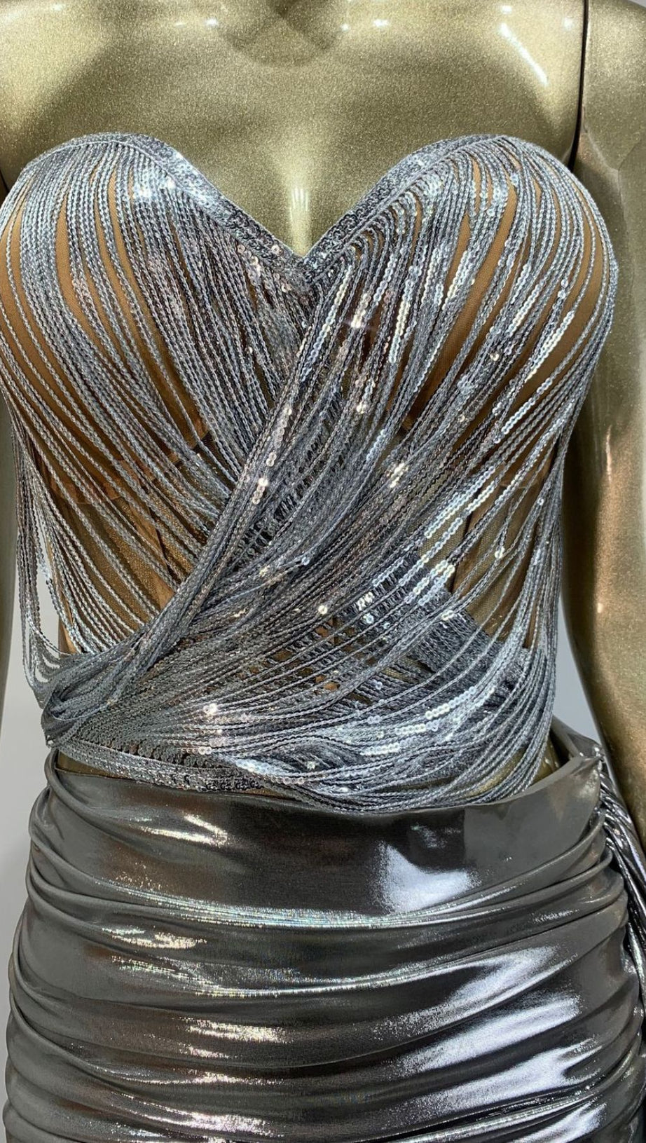 HAYLIA SILVER SPARKLE STRAPLESS CORSET & SEQUIN MINI SKIRT SET | GLAMOROUS PARTY WEAR