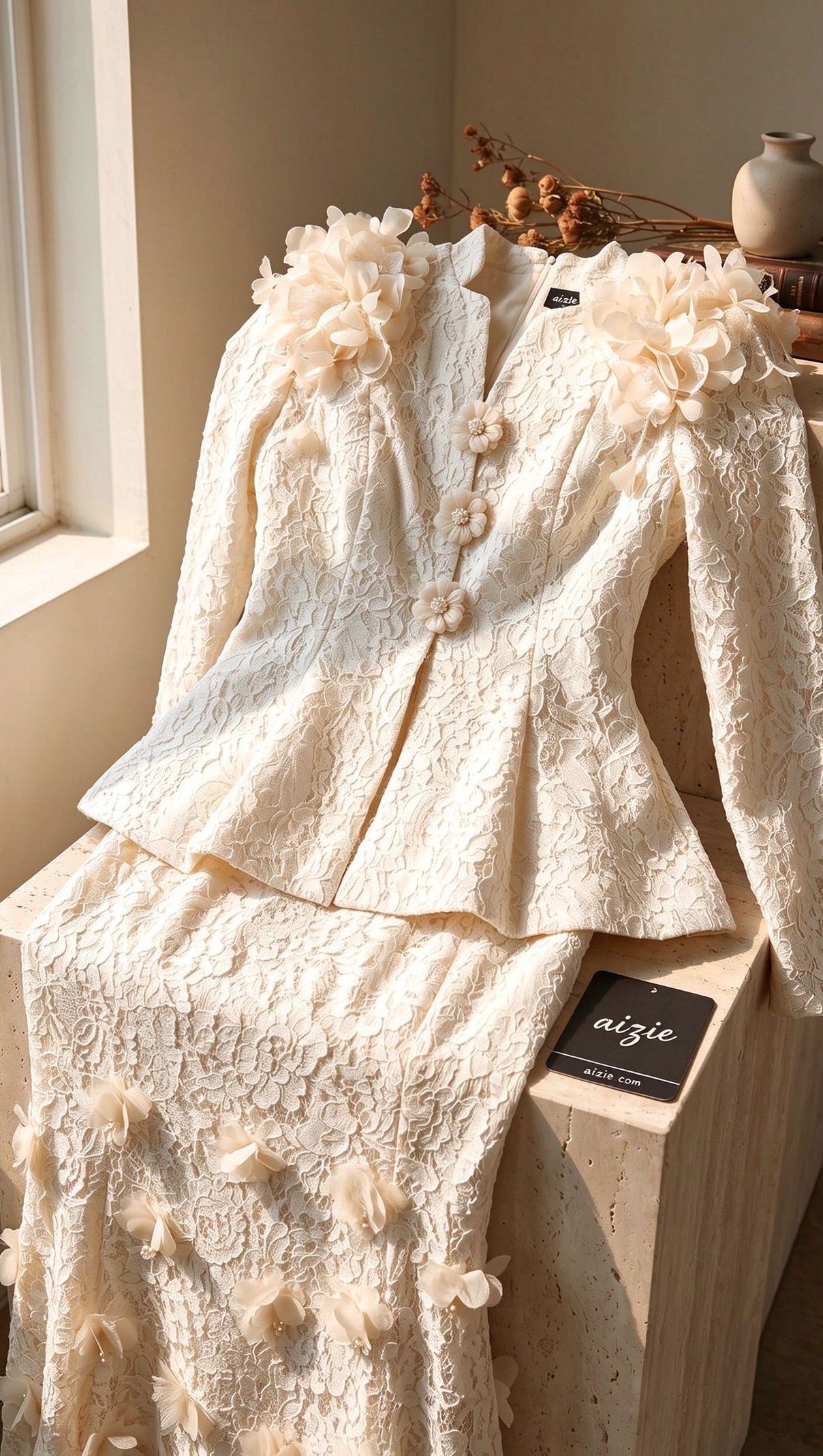 Ivory Corded Floral Lace Two-Piece Skirt Suit