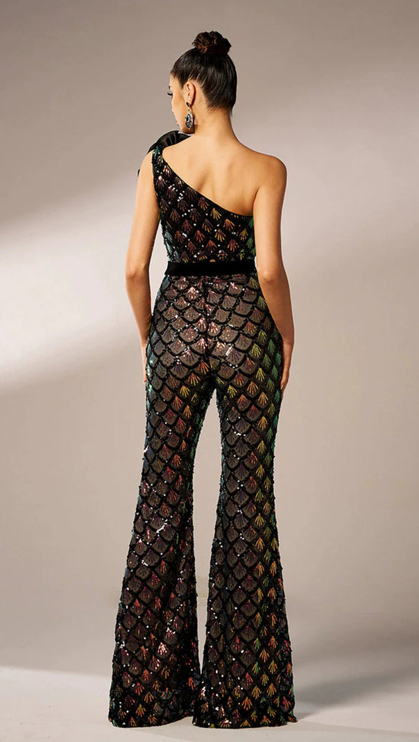 AIIZIE MERMAID SCALE FLORAL ONE-SHOULDER SEQUIN JUMPSUIT - product image