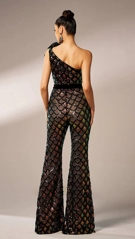 MERMAID SCALE FLORAL ONE-SHOULDER SEQUIN JUMPSUIT
