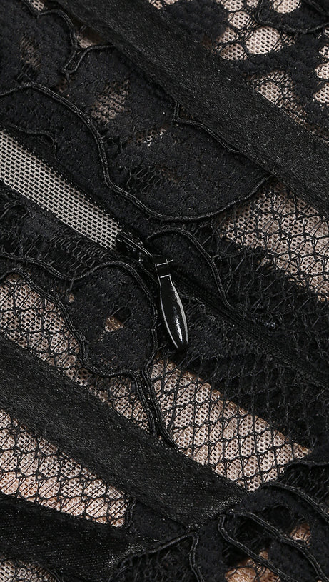 LONG SLEEVE LACE CORSET DRAPED MINI DRESS IN BLACK