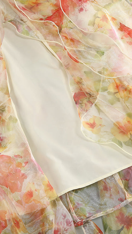 BELINDA YELLOW FLORAL VERTICAL RUFFLE TRIM MAXI DRESS