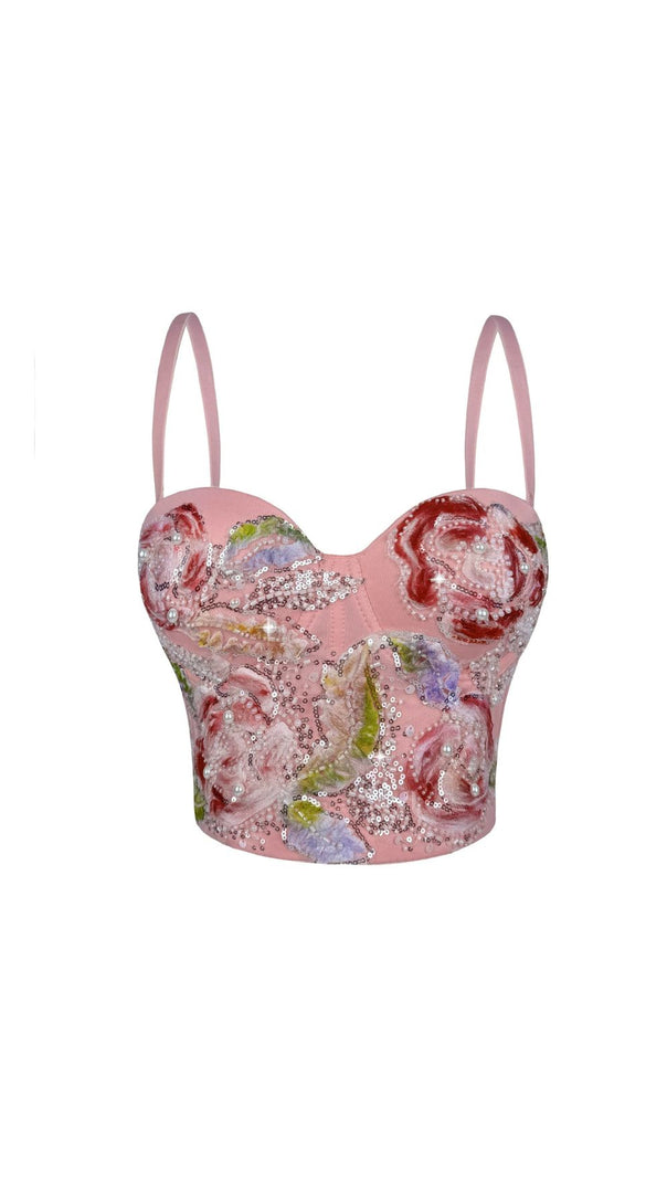 AIIZIE HAZINA FLORAL SEQUIN & PEARL EMBROIDERED BUSTIER CROP TOP - DAZZLING PARTY & FESTIVAL GLAM - product image