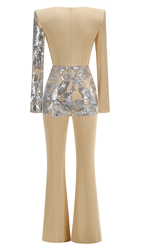 Langarm-Jumpsuit mit Pailletten in Sandsilber