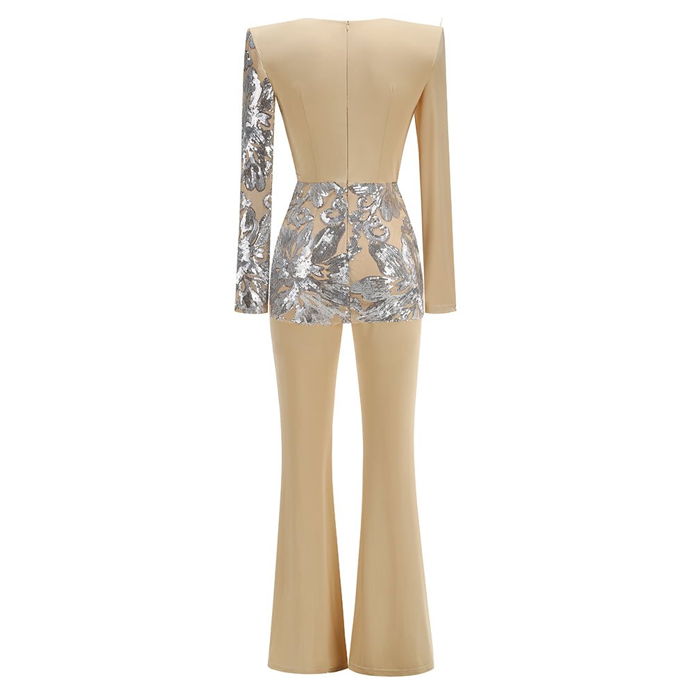 Langarm-Jumpsuit mit Pailletten in Sandsilber