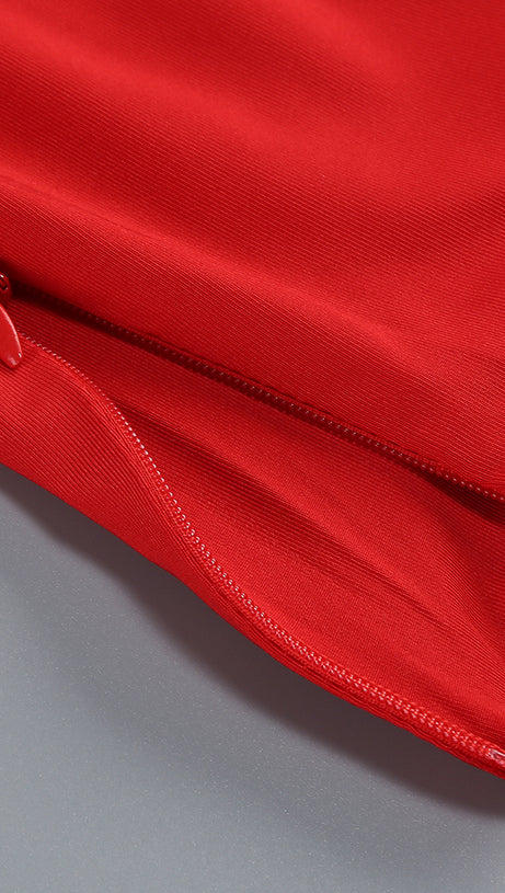 SLANT COLLAR HIGH WAIST SLIM LONG SKIRT RED SUIT