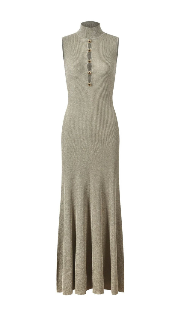 Juno Shimmer Ribbed Knit Maxi Dress | Mock Neck | Gold Buttons