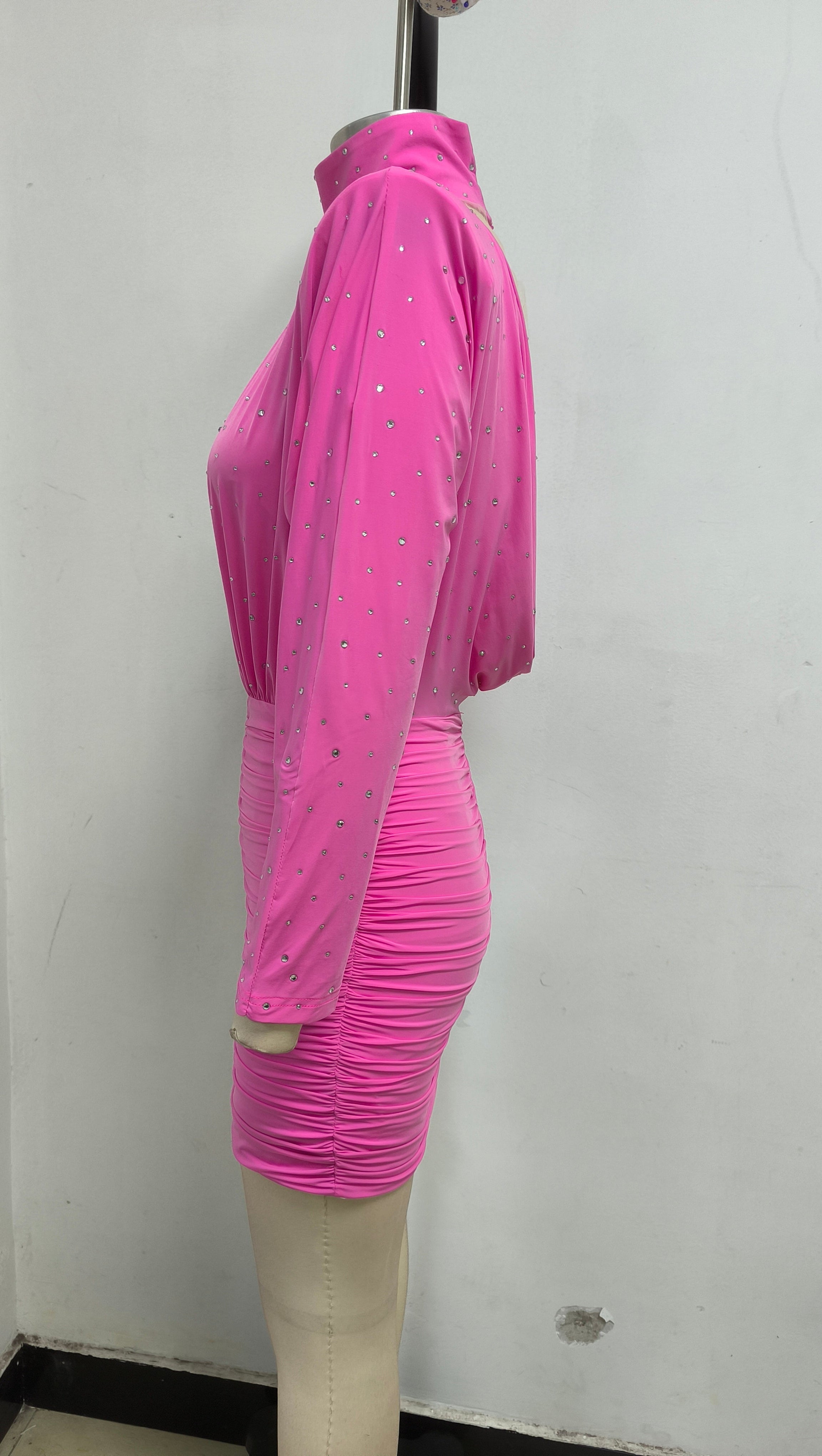 CRYSTAL EMBELLISHED RUCHED BODYCON MINI DRESS IN PINK
