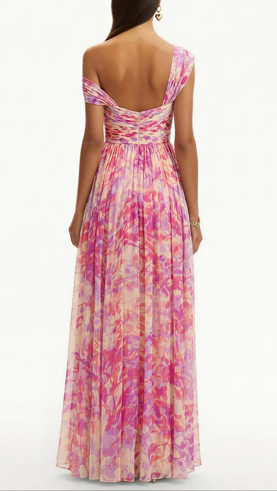 tiffany Floral Skew Collar Chiffon Maxi Dress - pink