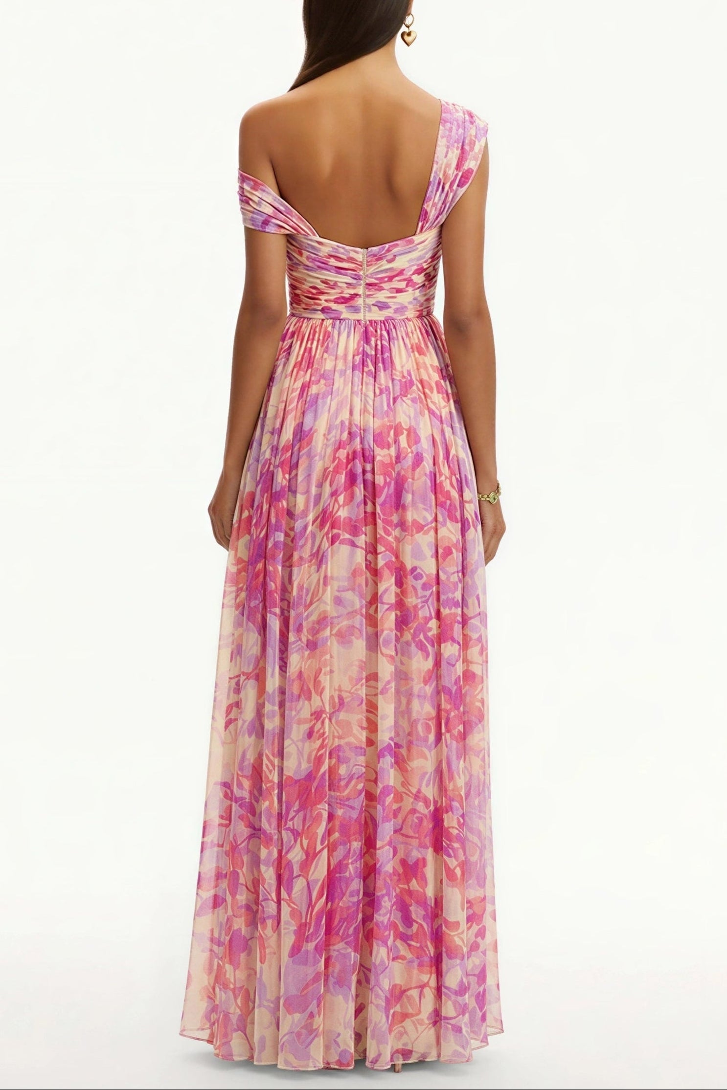 tiffany Floral Skew Collar Chiffon Maxi Dress - pink